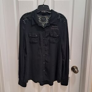 Harley Davidson Shirt Women's Size Large Black Crochet Flower Accents Rayon